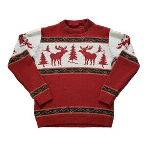 Vintage 80s 90s Reindeer Size S-M Mens Nordic Tree Sweater Christmas Fair Isle